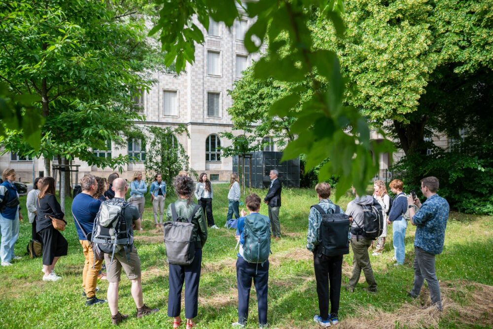 Dresden Jahreshub, Biodiversitätsführung - Menschen stehen im Kreis auf einer Wiese