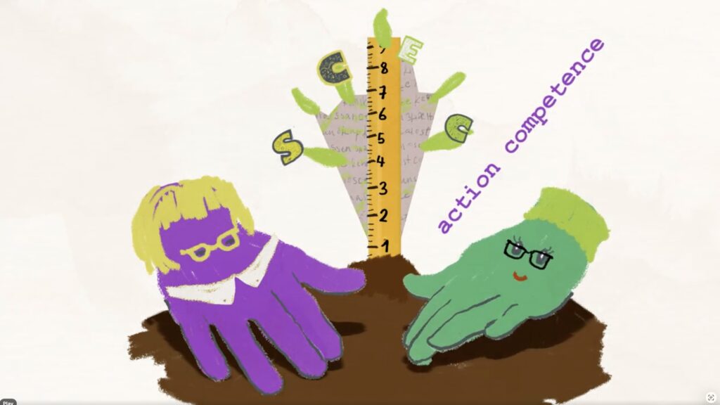 Action Competence illustration with 2 hands working in earth and a ruler to show the idea of measurement