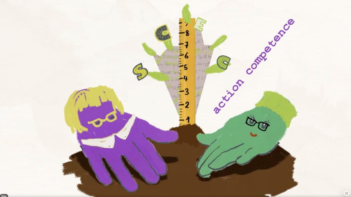 Action Competence illustration with 2 hands working in earth and a ruler to show the idea of measurement